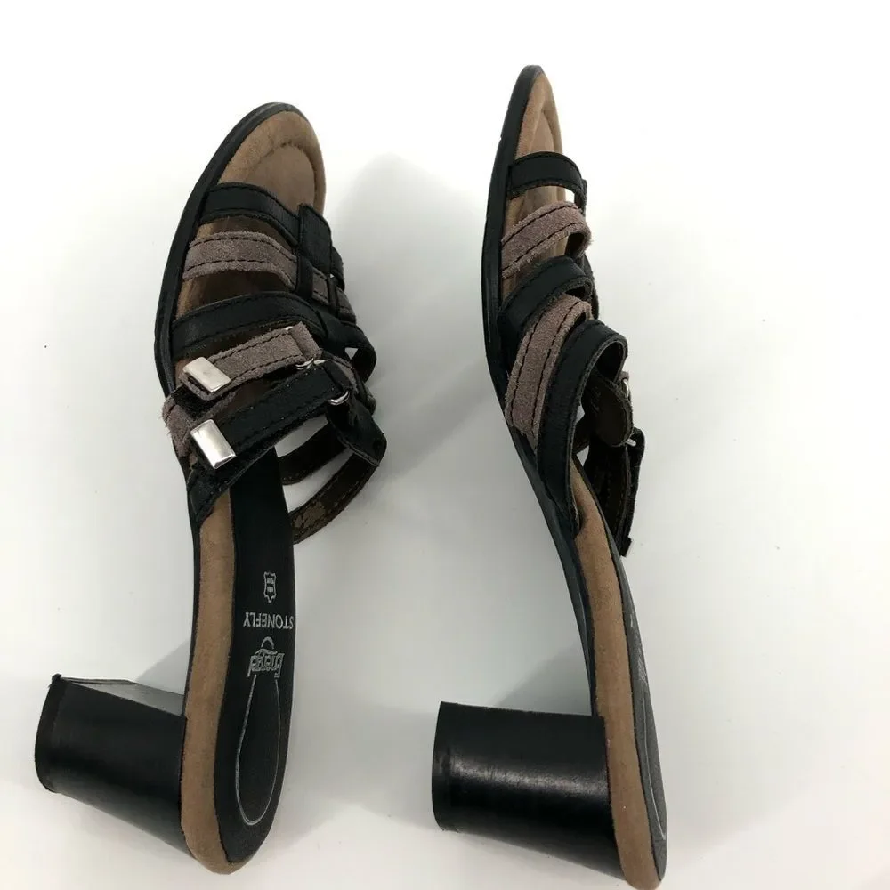 Stonefly Heeled Sandals‎ Womens 38 Black Cream Strappy Leather Slip On Open Back